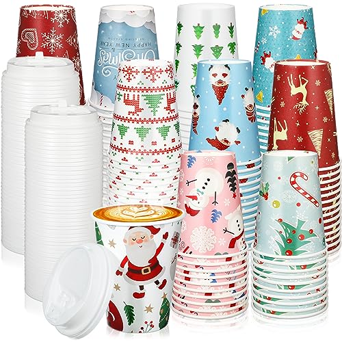 Mifoci 100 Pack Christmas Coffee Cups with Lids 12 oz – Festive Holiday Party Supplies