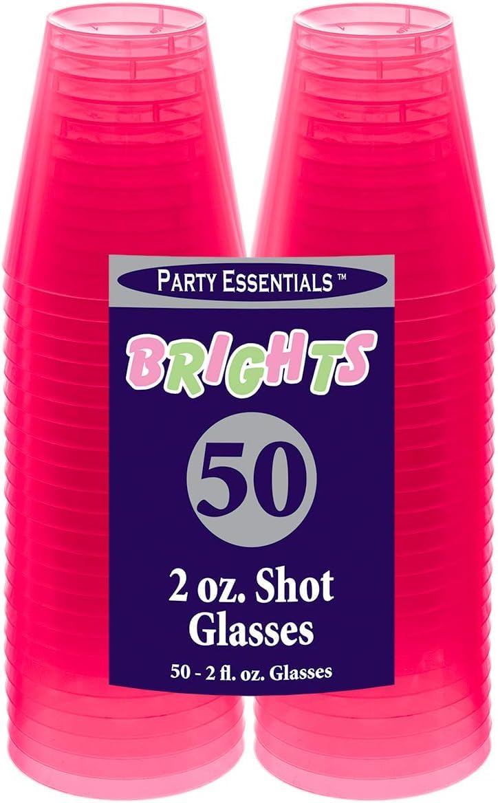 Party Essentials Hard Plastic 2-Ounce Shot/Shooter Glasses, Neon Pink, 50 Count