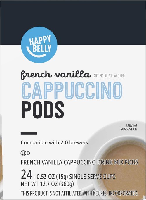 Happy Belly Cappuccino Coffee Pods - Light Roast French Vanilla Flavor | 24 Count, 12.7 Ounce Compatible with 2.0 K-Cup Brewers