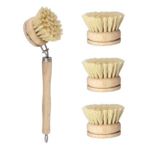 HARSKIYER Wooden Dish Brush Set, 4 Natural Bristle Replacement Heads with 1 Sturdy Wooden Handle, Sisal Kitchen Scrub Brush for Pots, Pans, Vegetables and Cookware