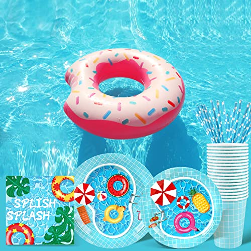 Recheel Pool Party Decorations Plates Set for Pool-Themed Summer Party, Serves 24 Guests