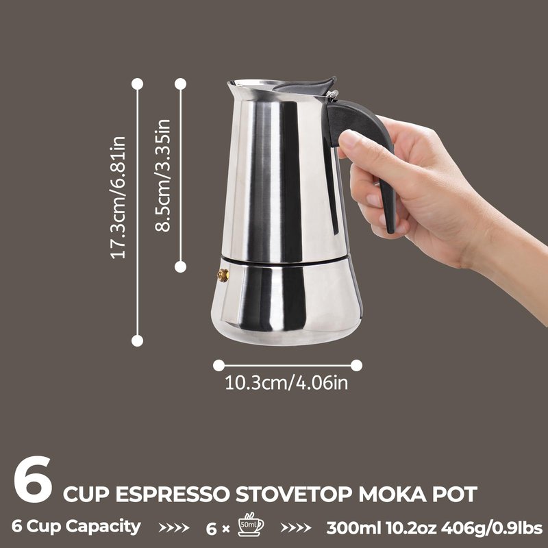 Mogrecha 6 Cup 300ml Moka Pot Stainless Steel Espresso Coffee Maker Stovetop Coffeemaker Italian Classic Style Brewing Greca Cafe Mocha Machine for Cafeteras Lover Camping Travel and Home Use 10oz