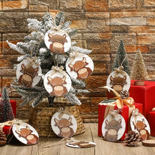 Geelin Highland Cow Christmas Ornaments Set — 12 Lightweight 3D Wooden Decorations
