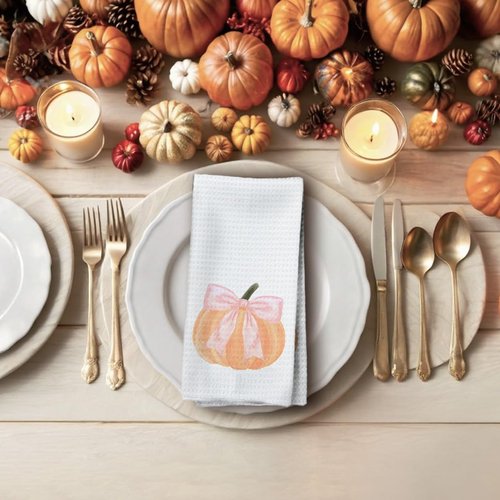 Tzhim Fall Kitchen Towels, Pink Bowknot Decorative Fall Hand Towels, Pumpkin Autumn Dish Towels Dishcloths Tea Towels for Kitchen Bathroom, Preppy Coquette Fall Kitchen Bathroom Decor, 16x24in