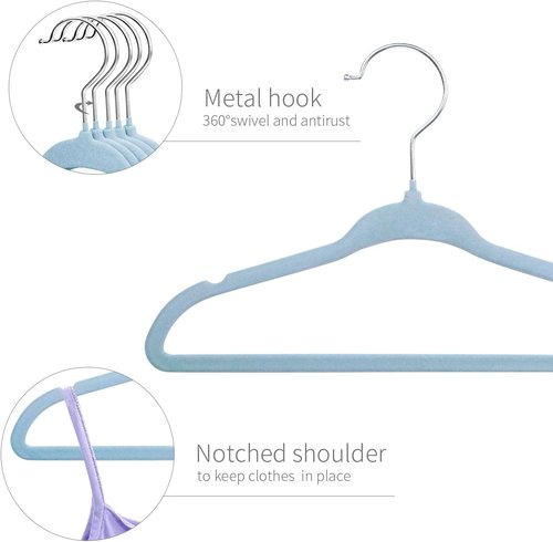 ManGotree Kids Velvet Clothes Hangers - Space-Saving Non-Slip Design | 15-Pack in Blue