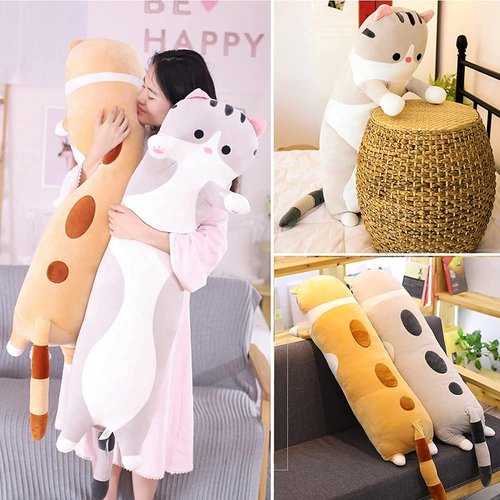Cute Cat Plush Long Body Pillow Cuddle Cartoon Stuffed Animals Cat Plushie Soft Doll Pillows Gifts for Kids Girls (Gray, 19 Inches), 1 Count (Pack of 1)