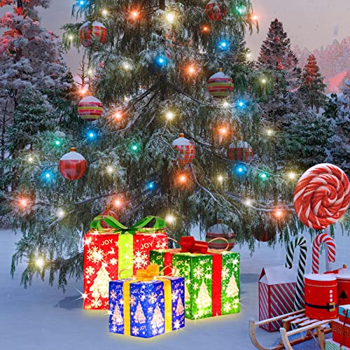 LAMPHOME 70 LED Lighted Gift Boxes Set of 3 — Snowflake Pattern Warm White with Flasher