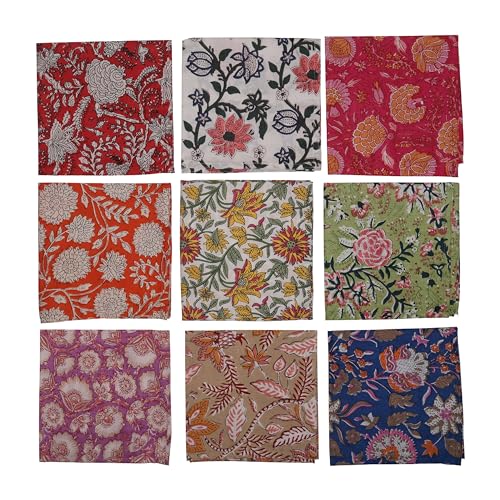 10-Piece Hand Block Print Cotton Napkins, Floral Table Linens 16x16 Inch