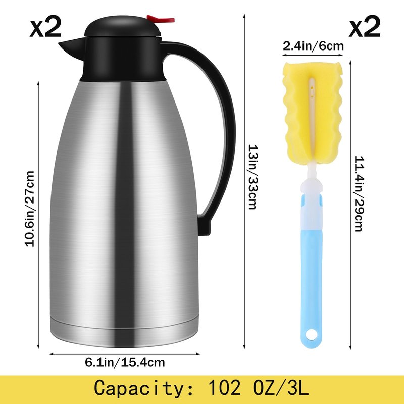Nuogo 2 Pcs 102 oz Thermal Coffee Carafe Insulated Stainless Steel Carafe Double Walled Vacuum Coffee Thermal Pot with Brush for Home Office Use Keep 24 Hours Hot Water Tea(Silver)
