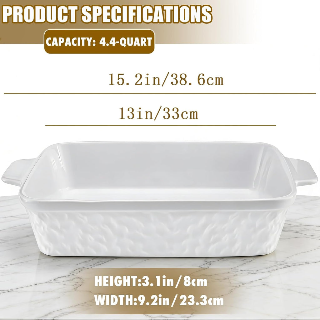 Regine Switzerland 9x13 Baking Pan - Durable Ceramic Casserole Dish with Handles | 4.4QT Oven Safe, Soft White