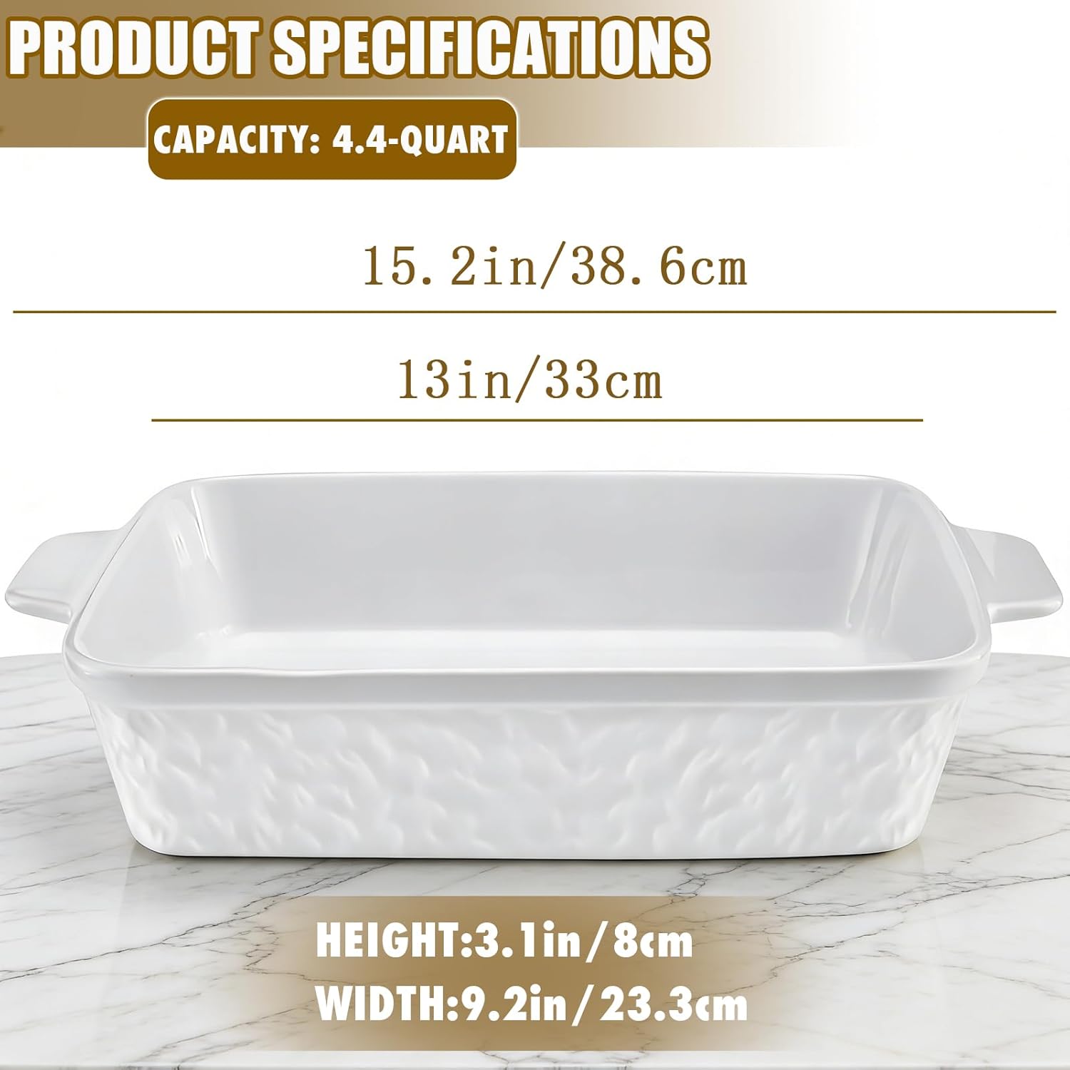 Regine Switzerland 9x13 Baking Pan - Durable Ceramic Casserole Dish with Handles | 4.4QT Oven Safe, Soft White