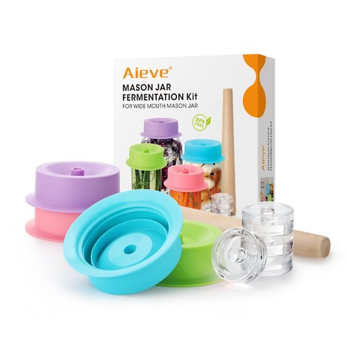 Aieve Fermentation Kit, Premium Fermenting Starter Kit for Pickle, Sauerkraut, Kimchi Making Kit with 4 Pack Fermentation Lids, Glass and Wooden Tamper