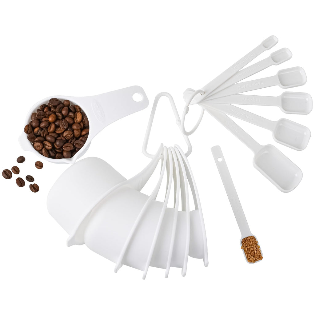 SPUVGVC Plastic Measuring Cups and Spoons Set, White Dry Measuring cups Set with Spout and Leveler for Kitchen and Baking, BPA free and Dishwasher Safe, Nesting Measuring Cups Set 15