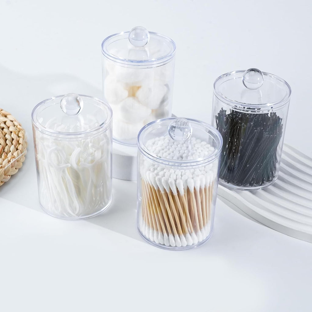 XIPENGKEJI Qtip Holder Set - 4 Pack Apothecary Jars with Lids for Cotton Swabs & Pads | 10oz-12oz Organizers
