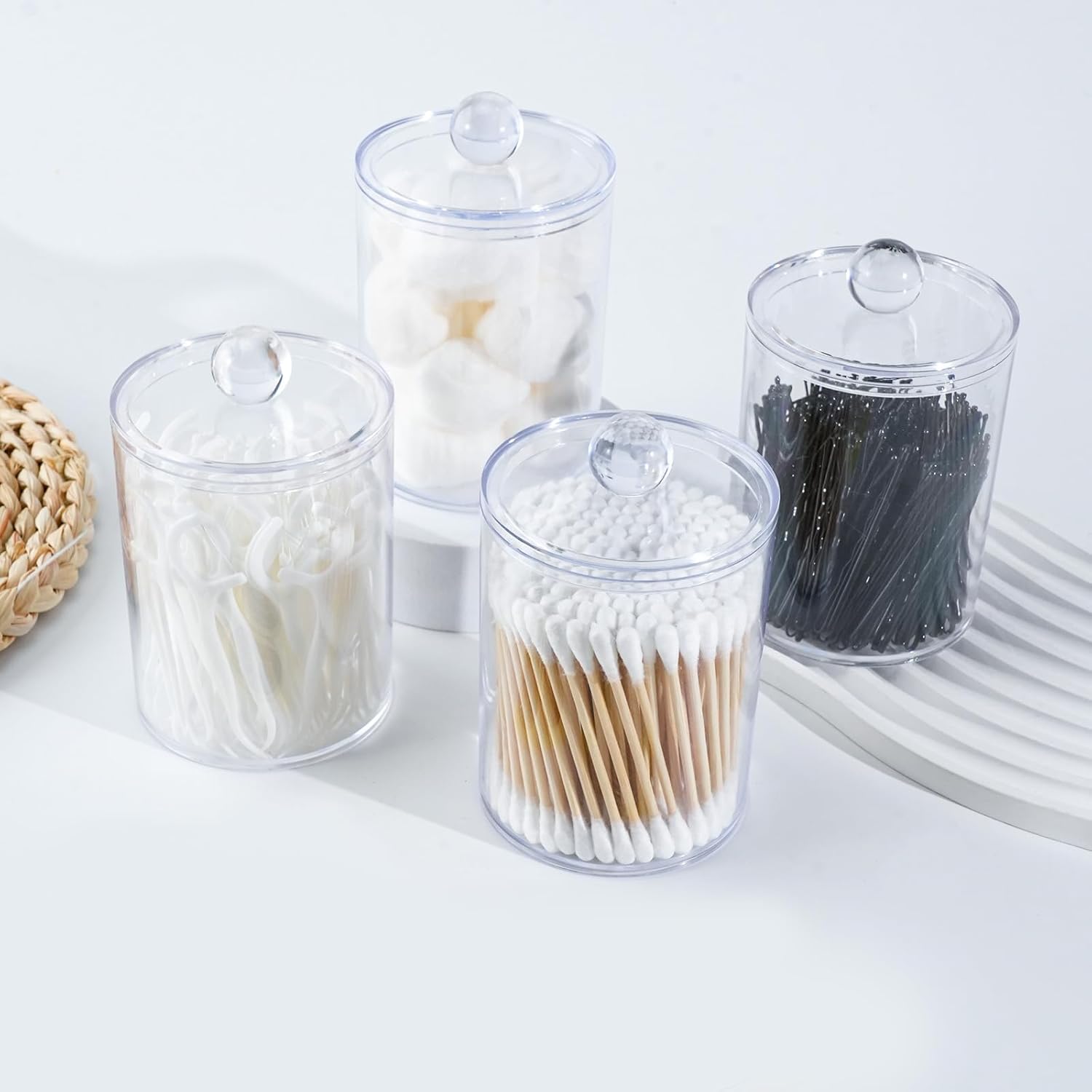XIPENGKEJI Qtip Holder Set - 4 Pack Apothecary Jars with Lids for Cotton Swabs & Pads | 10oz-12oz Organizers