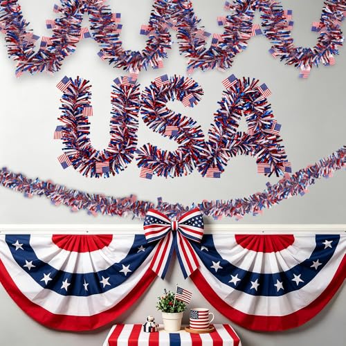 Patriotic Tinsel Garland with American Flags - 33ft Red White Blue Decor