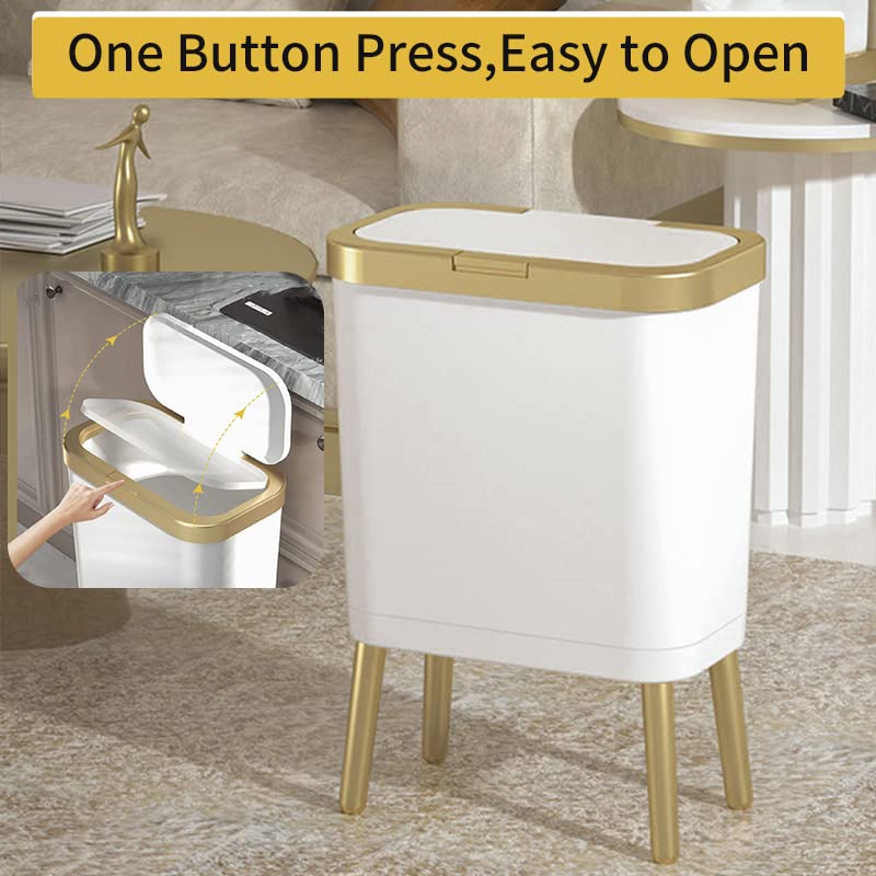 4 Gallon Slim Bathroom Trash Can with Lid and Legs White and Gold