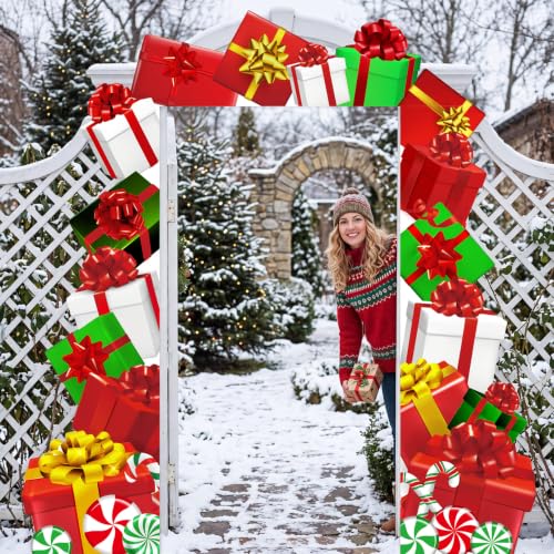 Peryiter 3-Piece Christmas Gift Box Door Decoration Set - Includes Header Banner 60x15 and Side Strips 70x21 (Holiday Gift Boxes)