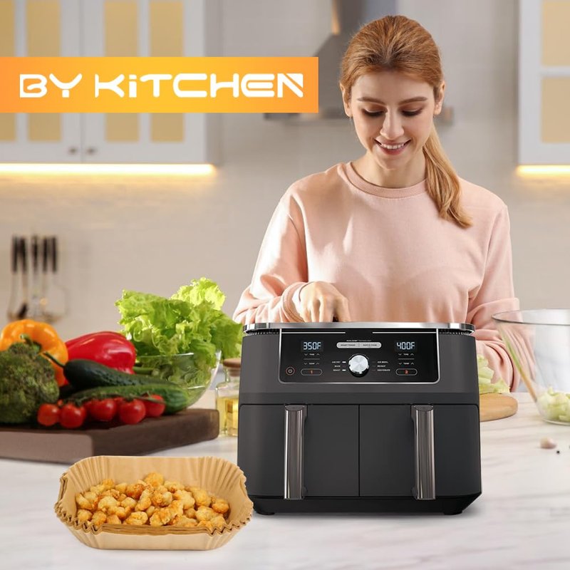 BYKITCHEN Air Fryer Liners for Ninja Dual Air Fryer, Set of 120, Rectangle Disposable Air Fryer Liners Compatible with Ninja DZ201/DZ401/DZ550/SL401, Instant Vortex and Other DualZone Airfryer
