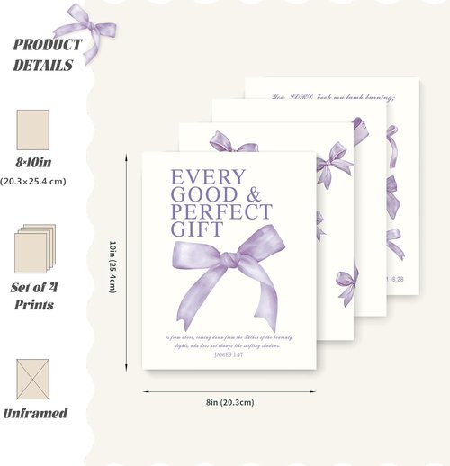 LARTSFRO Coquette Purple Bow Wall Art Decor - Inspirational Bible Verses | 10x8 Inch Set of 4 Unframed Prints