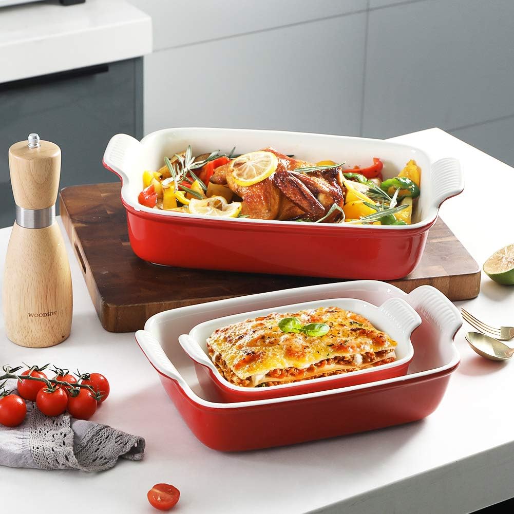 Sweejar Ceramic Baking Pans Set - Durable 9x13 Rectangular Casserole Dishes with Handle | 3-Piece Bakeware Set (Red)