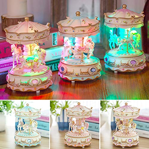Rotating Carousel Music Box with LED Lights, Pink Resin Tabletop Decor