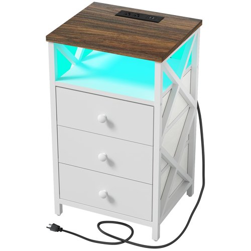 LTTDOUK LED Nightstand with Charging Station, Tall Dresser for Bedroom with LED Light, Side Table Bedside Tables with USB Ports and Outlets, White End Table with Drawer for Bedroom, Living Room