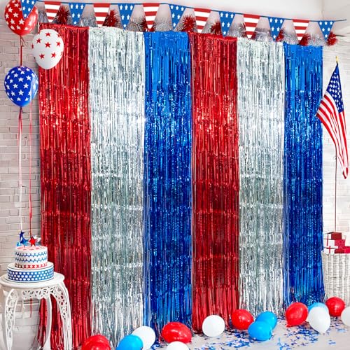 Red White & Blue Foil Fringe Curtains (3 Pack) - Patriotic Party Backdrop