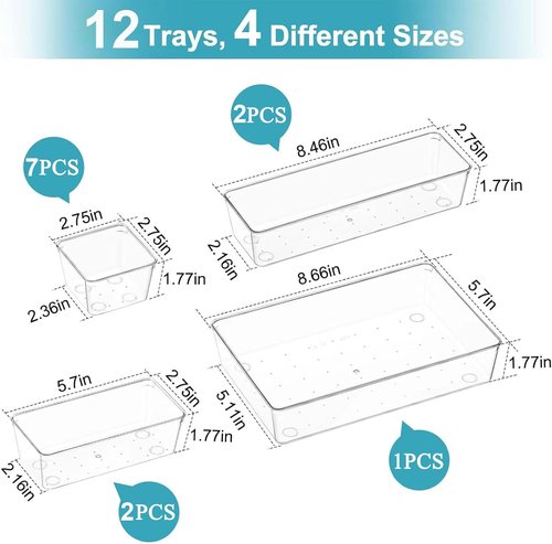 Manalete Drawer Organizers - Set of 12 Clear Plastic Storage Bins for Kitchen, Bathroom & Office