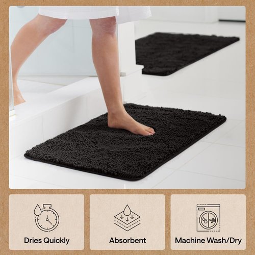 GORILLA GRIP Bath Rug Mat - Thick Soft Absorbent Chenille | Quick Dry Microfiber 36x24 Black