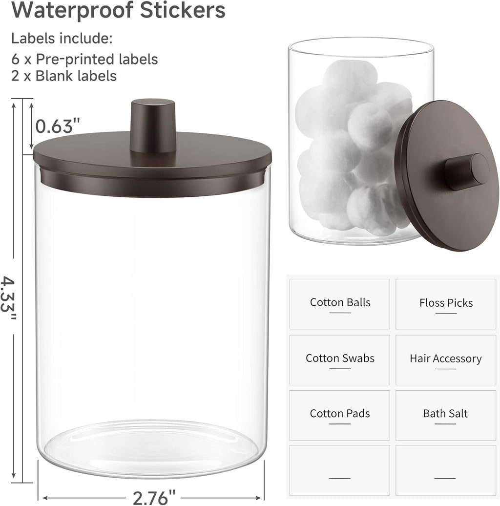 TIPGO Glass Qtip Holder Dispenser - 10 oz Clear Apothecary Jar for Cotton Swabs & Makeup Storage | 2 Pack, Brown