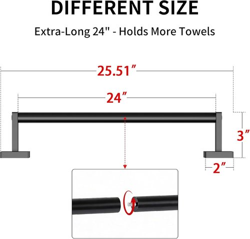 MKO Towel Bar - 24" Black Hand Towel Holder Rod | Wall-Mounted Metal Bathroom Rack, 2 Pack