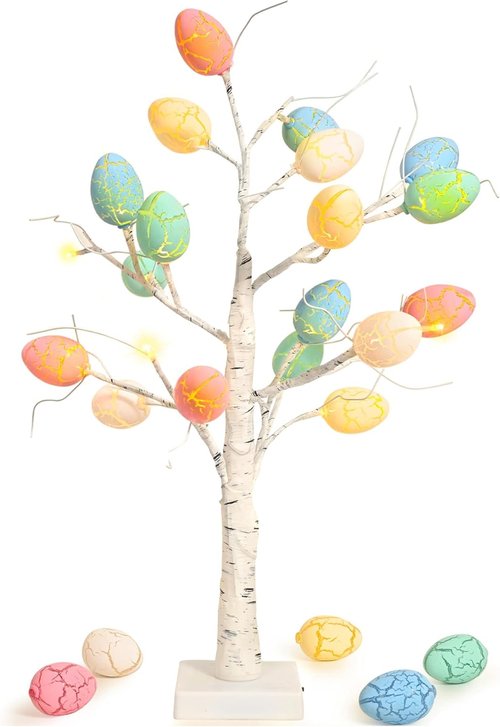 Kemooie 24-Inch Pre-Lit White Birch Tree | 24 Easter Egg Ornaments & LED Lights | Perfect Spring Table Centerpiece