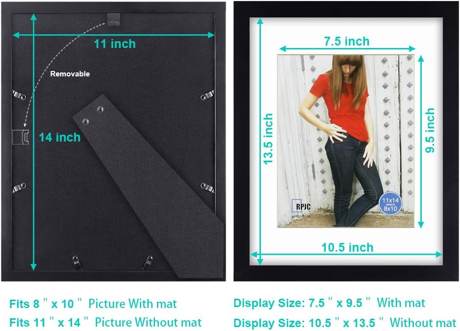 RPJC 11x14 Inch Picture Frame - Solid Wood & High Definition Glass for 8x10 or 11x14 Photos - Black