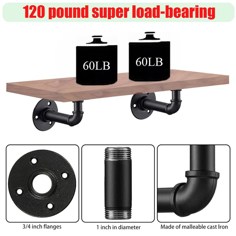 YCCO Industrial L Pipe Shelf Brackets for 8-16 in Depth Wood,Heavy-Duty 3/4" Iron,Wall Mount Floating Shelf Bracket L Metal Pipe Shelving Brackets for Wood-Black DIY Pipe Shelves(7.5*3.1 Inch 10 Pack)
