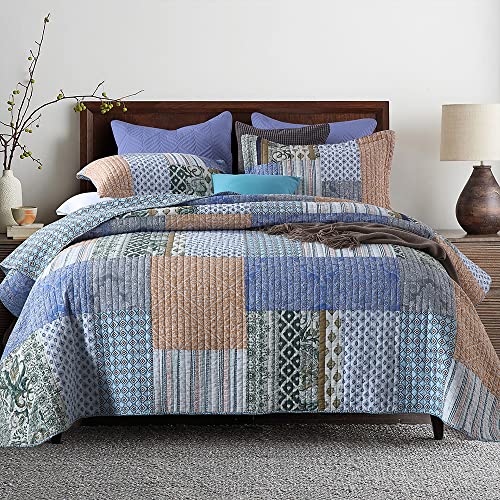 Cotton Bedspread Set - Queen Size Reversible Blue Floral Quilt