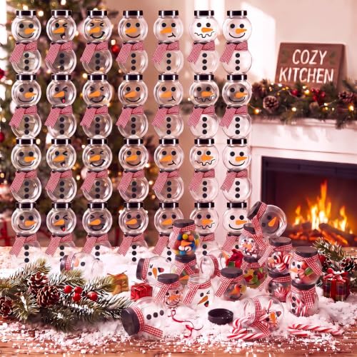 Jingmore 100 Pcs Christmas Snowman Candy Jars with Lids and 10m Red White Gingham Ribbon - Red/White