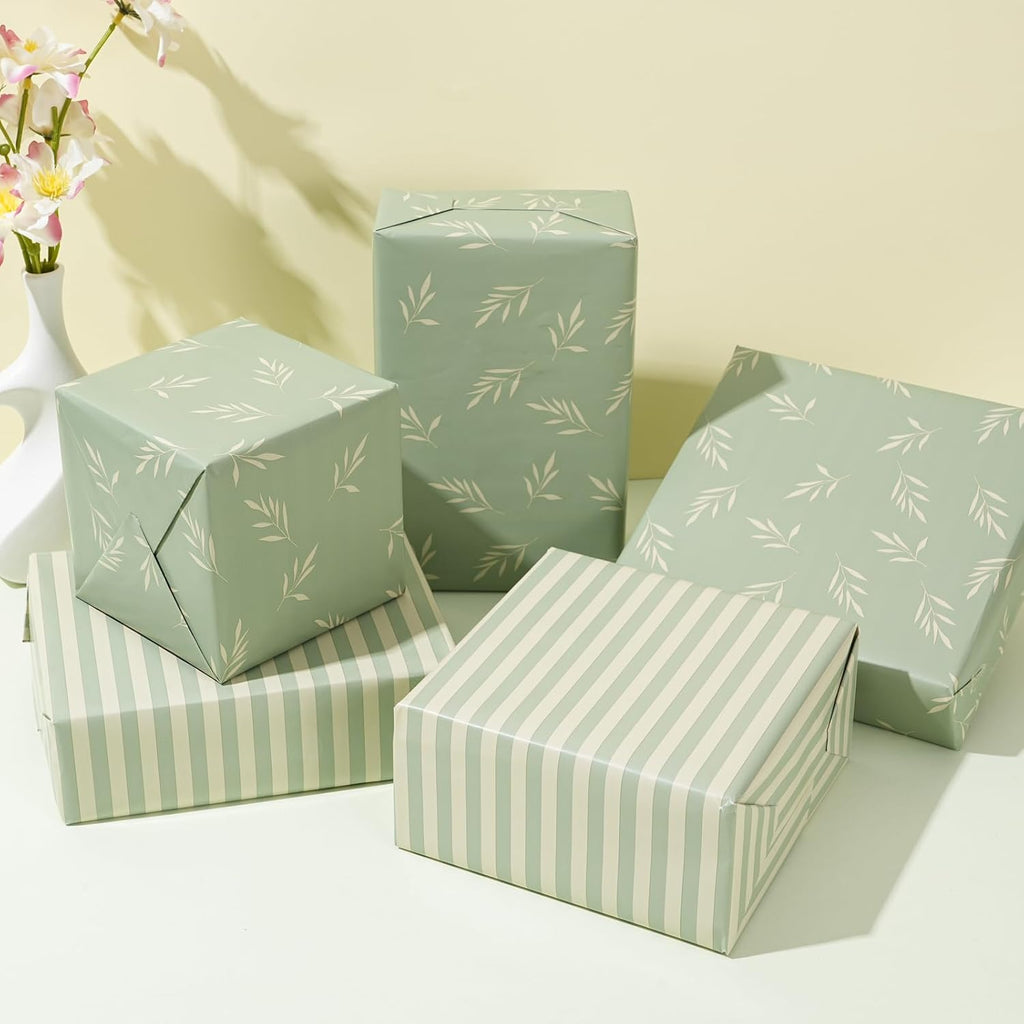 ZINTBIAL Reversible Gift Wrapping Paper Roll - Light Green & Beige Leaves Design | 17.5" x 33' (48 sq. ft.)