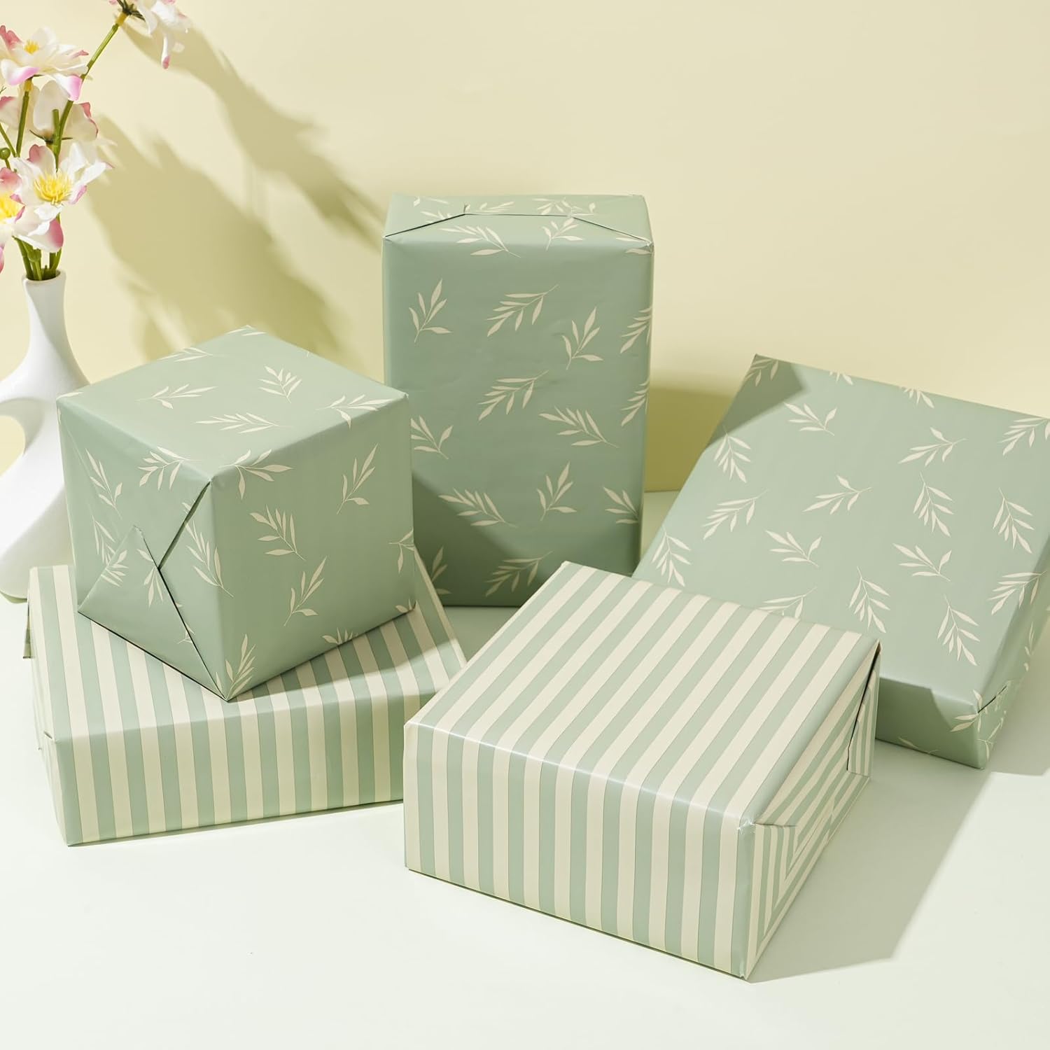 ZINTBIAL Reversible Gift Wrapping Paper Roll - Light Green & Beige Leaves Design | 17.5" x 33' (48 sq. ft.)