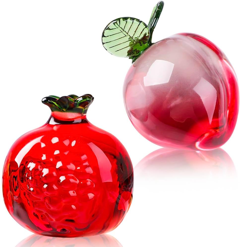 Skiennix Crystal Fruits Collectibles - Set of 2 Peach & Pomegranate Figurines | Elegant Glass Decor for Home & Office