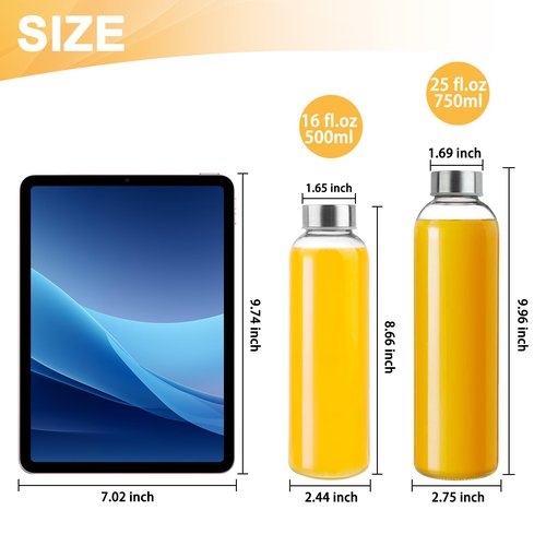 GUANENA 12 Pack Glass Water Bottles, 16oz Clear Glass Bottles with Stainless Steel Lids, Reusable Glass Drink Bottles with Caps for Juicing, Smoothies, Tea, Water, Beverages