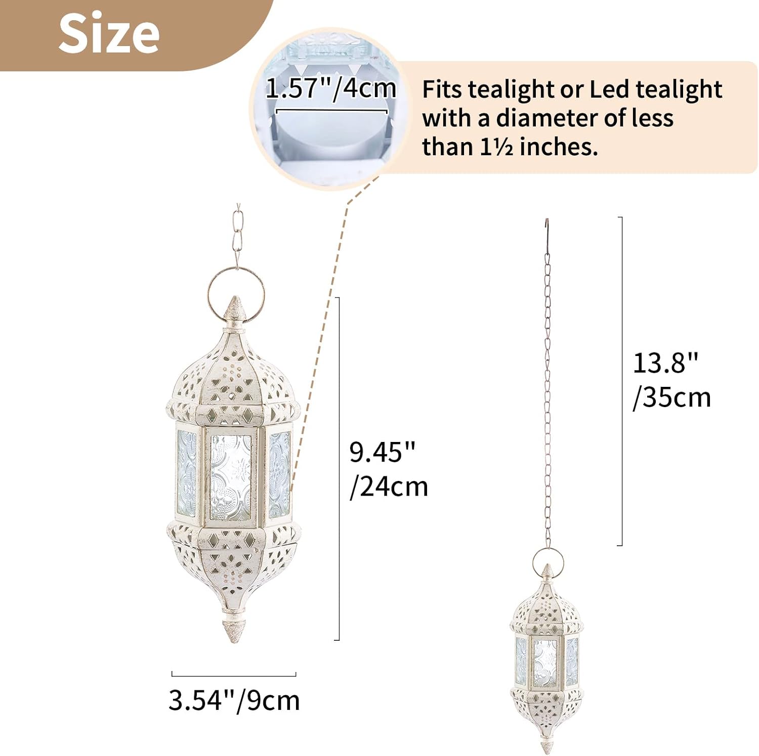 Skiennix Moroccan Lantern | Metalwork Hanging Tealight Candle Holder | Battery Operated LED | 35cm Chain, White