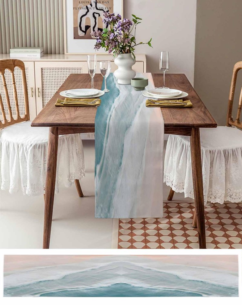 Summer Beach Table Runner 90 Inches Long Farmhouse Dress Scarves, Ocean Nautical Coastal Seaside Auqa Beige Dining Tablerunner for Coffee Table/Kitchen Island/Party Décor, 13" x 90"