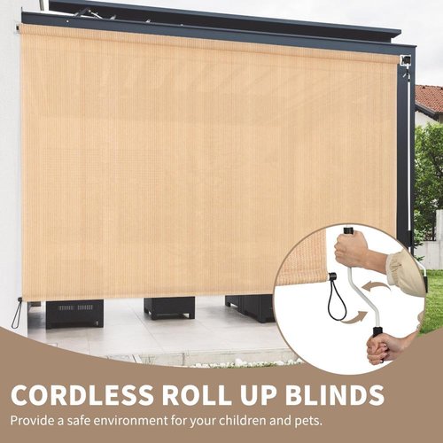 HIDODO Outdoor Roller Shade 8' W x 6' L Cordless Patio Shades Roll Up Outdoors Blinds with UV Protection, Exterior Roller Shades Cloth for Porch Pergola, Beige