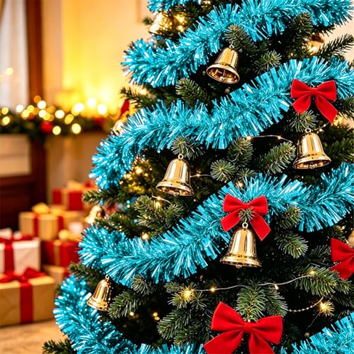 33ft Baby Blue Christmas Tinsel Garland for Tree & Mantle Decoration