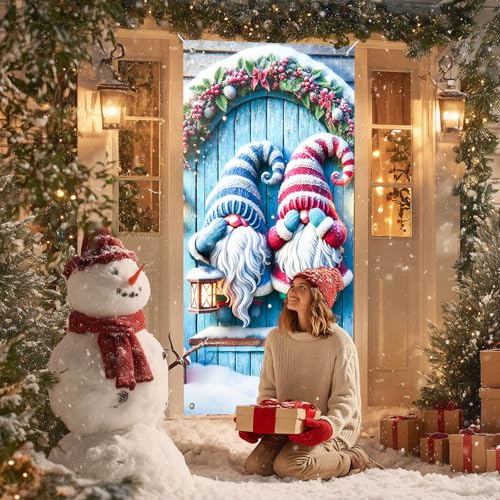 IVN Gnome Lantern Christmas Door Cover 35x71 Inch Winter Holiday Decor