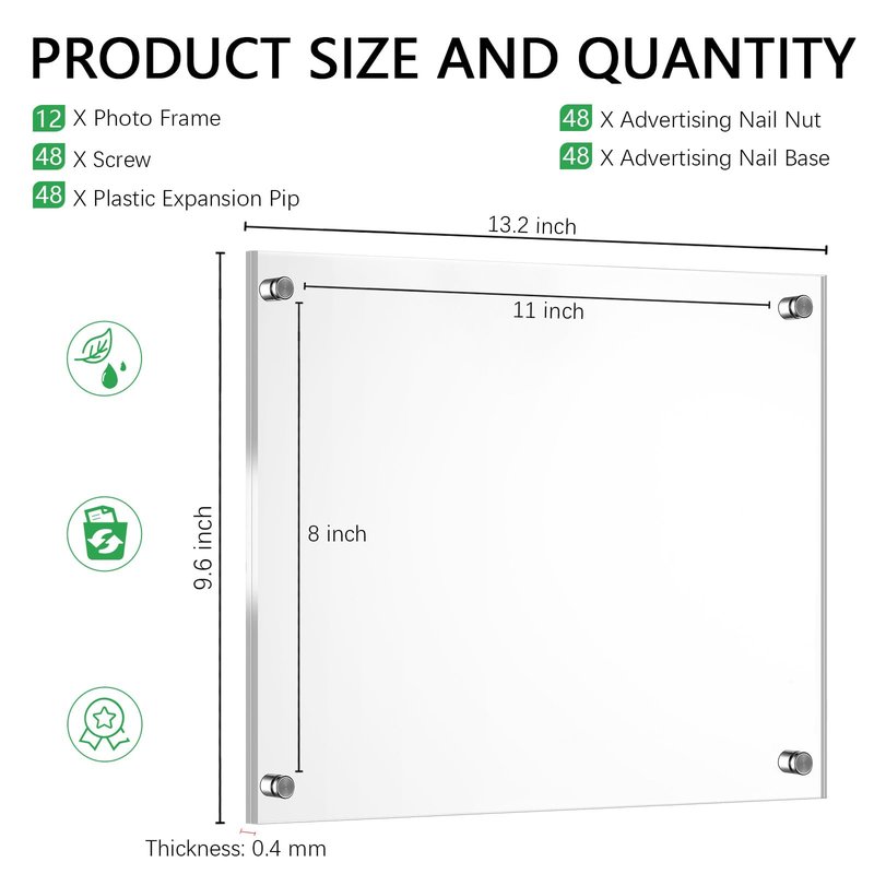 Yalikop 12 Pcs Acrylic Floating Picture Frame 8.5 x 11 Inches Wall Mount Frameless Photo Frames Double Panel Clear for Home Office Photo Display, Full Size 9.6 x 13.2 Inch (Silver)