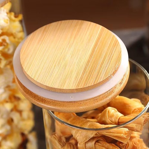 CZZGSM 8 Pack Glass Jar with Airtight Bamboo Lid and White 132 Kichen Pantry Labels Preprinted - 21 Oz Clear Round Glass Food Storage Containers set For Tea Coffee Sugar Spice