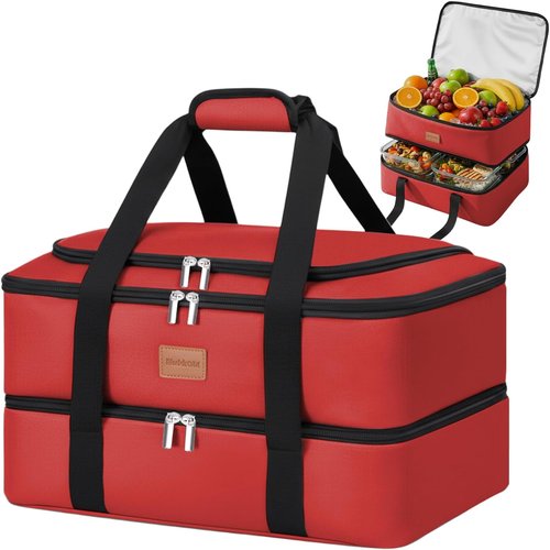 Insulated Casserole Carrier - Double Decker Food Carrier for Hot or Cold Meals | Portable Leakproof Thermal Bag (Red)
