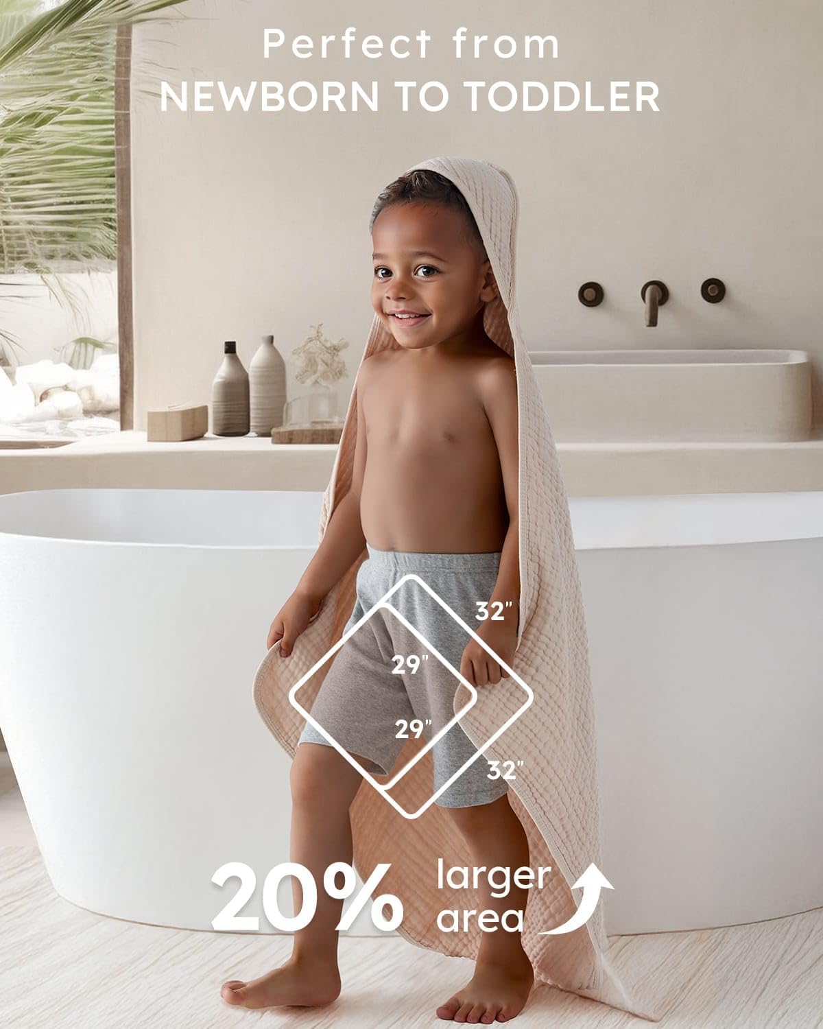 Yoofoss Hooded Baby Towels - 100% Muslin Organic Cotton, Soft & Absorbent, 2 Pack, 32x32 Inch, Beige & Coffee
